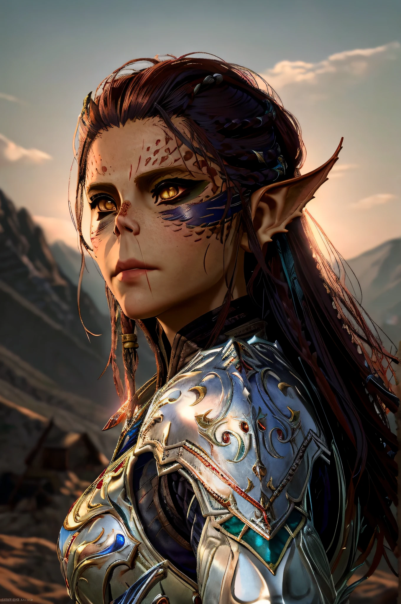 Lae&#39;zel de Baldur&#39;s Gate 3 em armadura com uma espada e uma montanha ao fundo, Elfo Feminino, Mulher meio elfa, de um elfo de anel elden, elven character with smirk, portrait of an elven warrior, Fantasia de detalhe 4K, metade orc metade elfo mulher, Um retrato de um elfo, female elfling, arte de fantasia hiperrealista, Retrato de um elfo