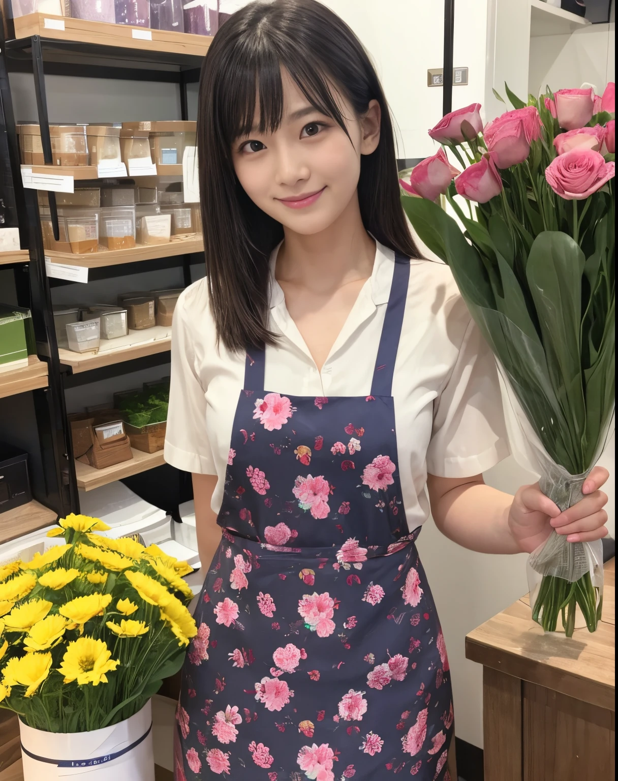 masutepiece、hight resolution、Florist clerk、22-year-old girl、1Girl clerk、She wears a simple apron over her blouse、Looking at the camera.、smil、Finish as shown in the photo、Flowers and girls、the skin is white and beautiful、Hair is long and beautiful、A dark-haired、Hair should be tied back、A slender、There are many colorful flowers in the store.、