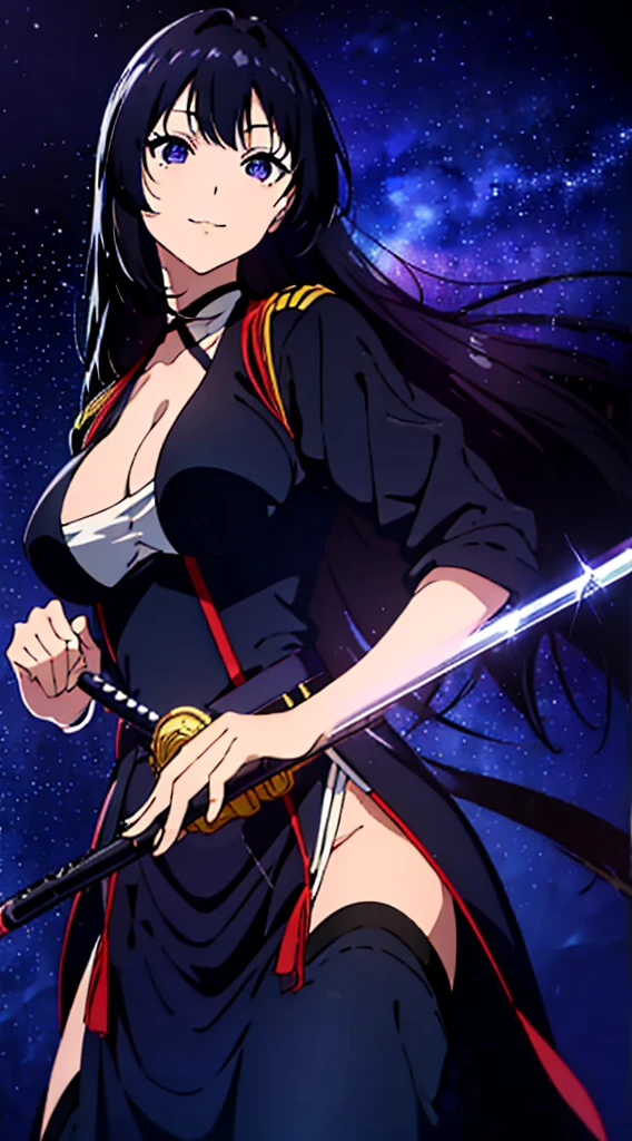 masutepiece、Best Quality、Illustration、 ultra-detailliert、hight resolution、8K Wallpapers、Perfect dynamic composition,、Beautiful detailed eyes long Hair、A dark-haired、(Beautiful Large Breasts:1.3)、Natural Color Lip、Smile、Harajuku、19 years girl、Cute、Beautiful sister、Sexy shot looking at camera、night skyscraper Very long bangs of black with a tinge of navy with galaxy purple eyes and a navy kaizen jujutsu uniform with a white violin and a katana sheathed on her waist.
