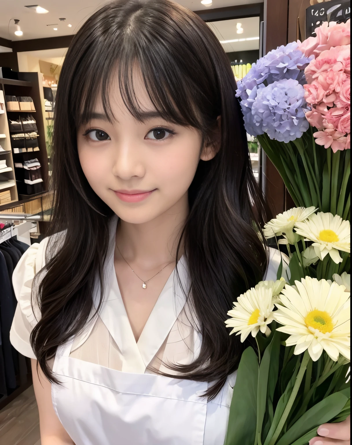 masutepiece、hight resolution、Florist clerk、22-year-old girl、1Girl clerk、She wears a simple black apron over her blouse、Looking at the camera.、smil、Finish as shown in the photo、Flowers and girls、the skin is white and beautiful、Hair is long and beautiful、A dark-haired、Hair should be tied back、A slender、There are many colorful flowers in the store...、The flowers in the foreground too