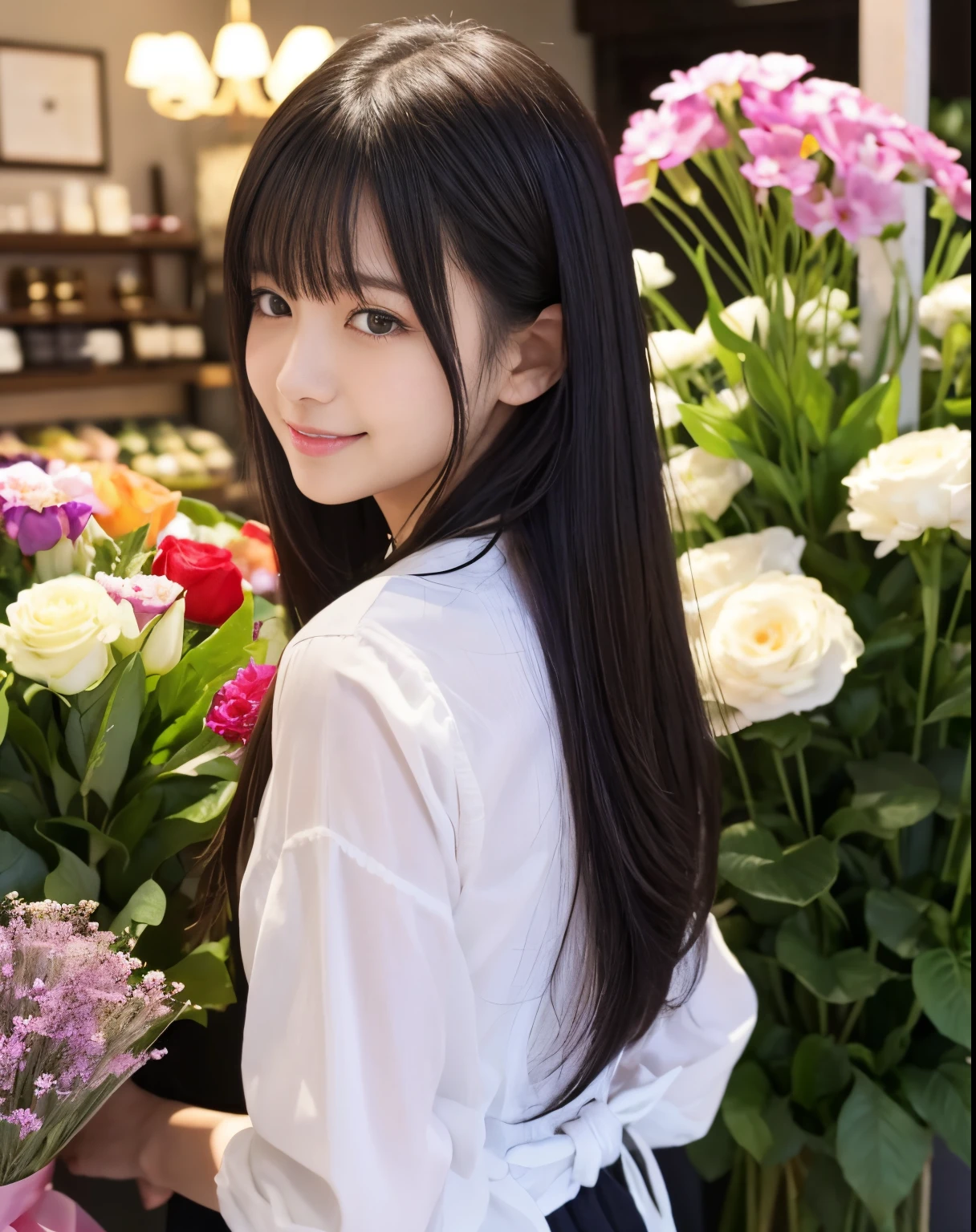masutepiece、hight resolution、Florist clerk、22-year-old girl、1Girl clerk、She wears a simple black apron over her blouse、Looking at the camera.、smil、Finish as shown in the photo、Flowers and girls、the skin is white and beautiful、Hair is long and beautiful、A dark-haired、Hair should be tied back、A slender、There are many colorful flowers in the store...、The flowers in the foreground too