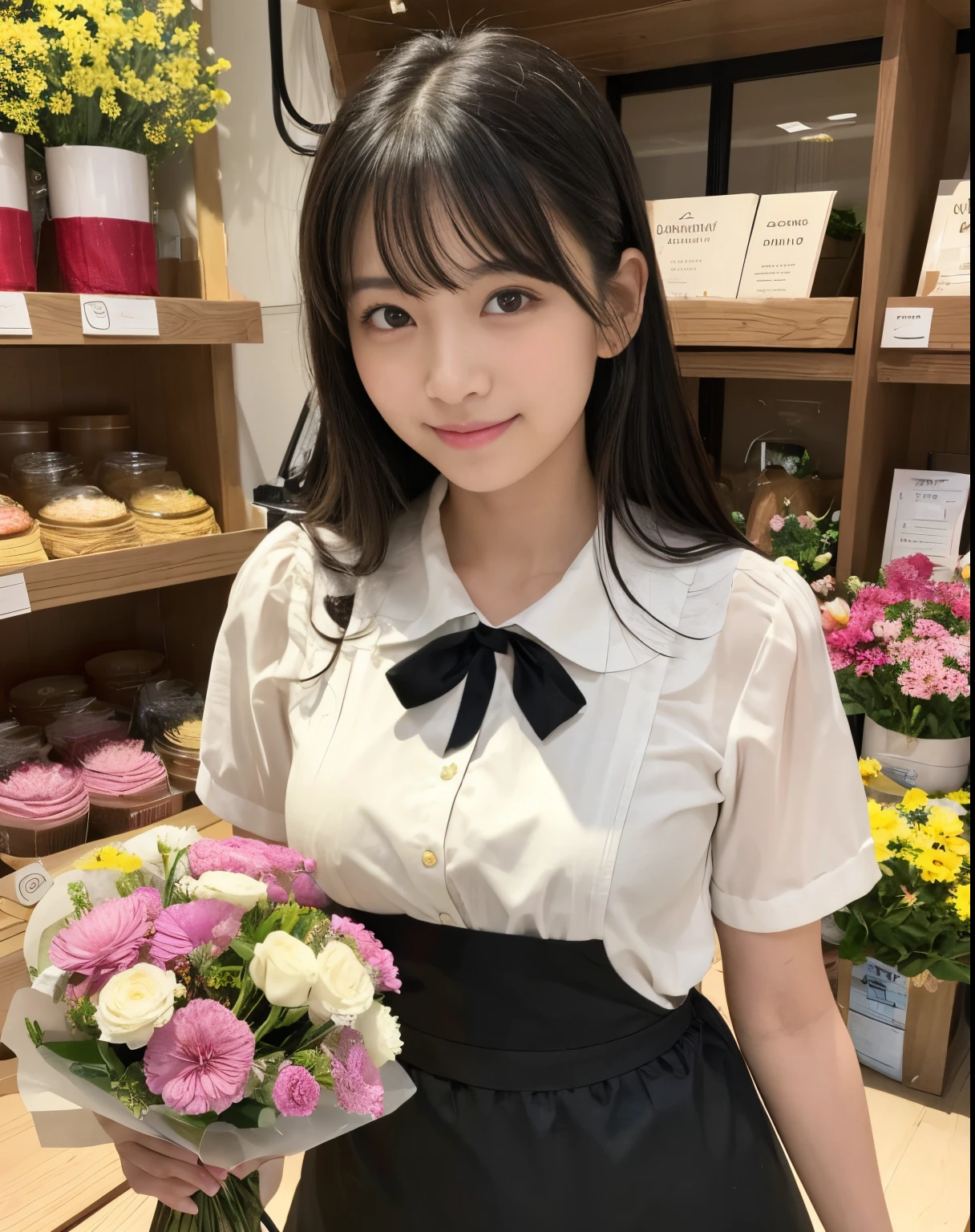 masutepiece、hight resolution、Florist clerk、22-year-old girl、１Girl clerk、She wears a simple black apron over her blouse、Looking at the camera.、smil、Finish as shown in the photo、Flowers and girls、the skin is white and beautiful、Hair is long and beautiful、A dark-haired、Hair should be tied back、A slender、There are many colorful flowers in the store...、The flowers in the foreground too