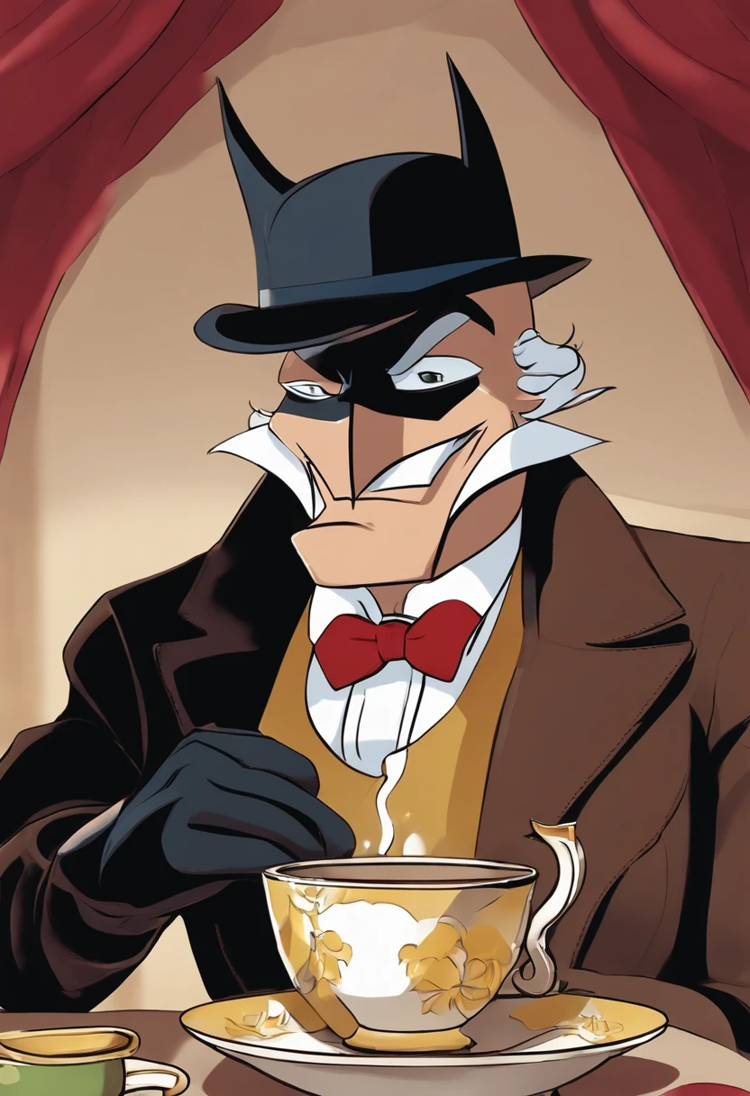 A photo of Jervis sitting at a tea party table, pouring tea from a teapot into a cup while staring intensely at the camera with a devious grin.,Batman: The Animated Series,Jervis is tall, wears a tweed suit and top hat, shoulder length curly brown hair and neat goatee. Famously portrayed by Benedict Samuel, male