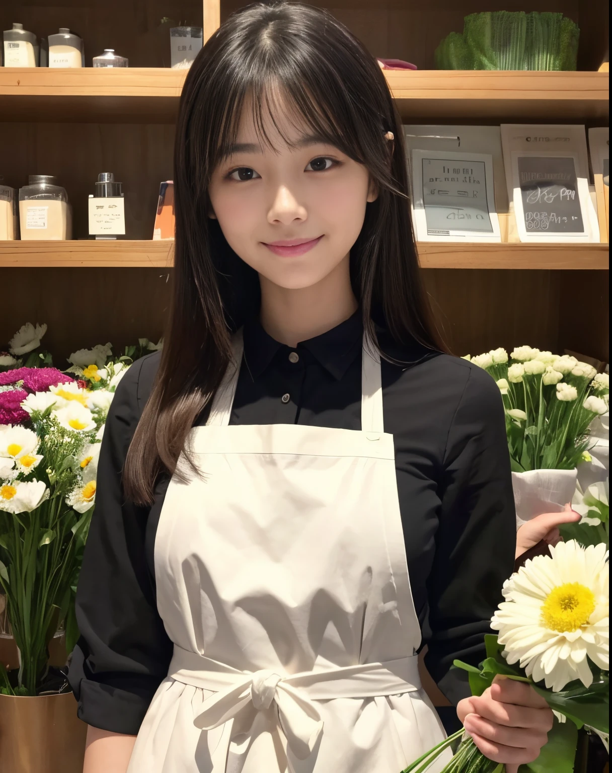 masutepiece、hight resolution、Florist clerk、22-year-old girl、1Girl clerk、She wears a simple black apron over her blouse、Looking at the camera.、smil、Finish as shown in the photo、Flowers and girls、the skin is white and beautiful、Hair is long and beautiful、A dark-haired、Hair should be tied back、A slender、There are many colorful flowers in the store...、The flowers in the foreground too