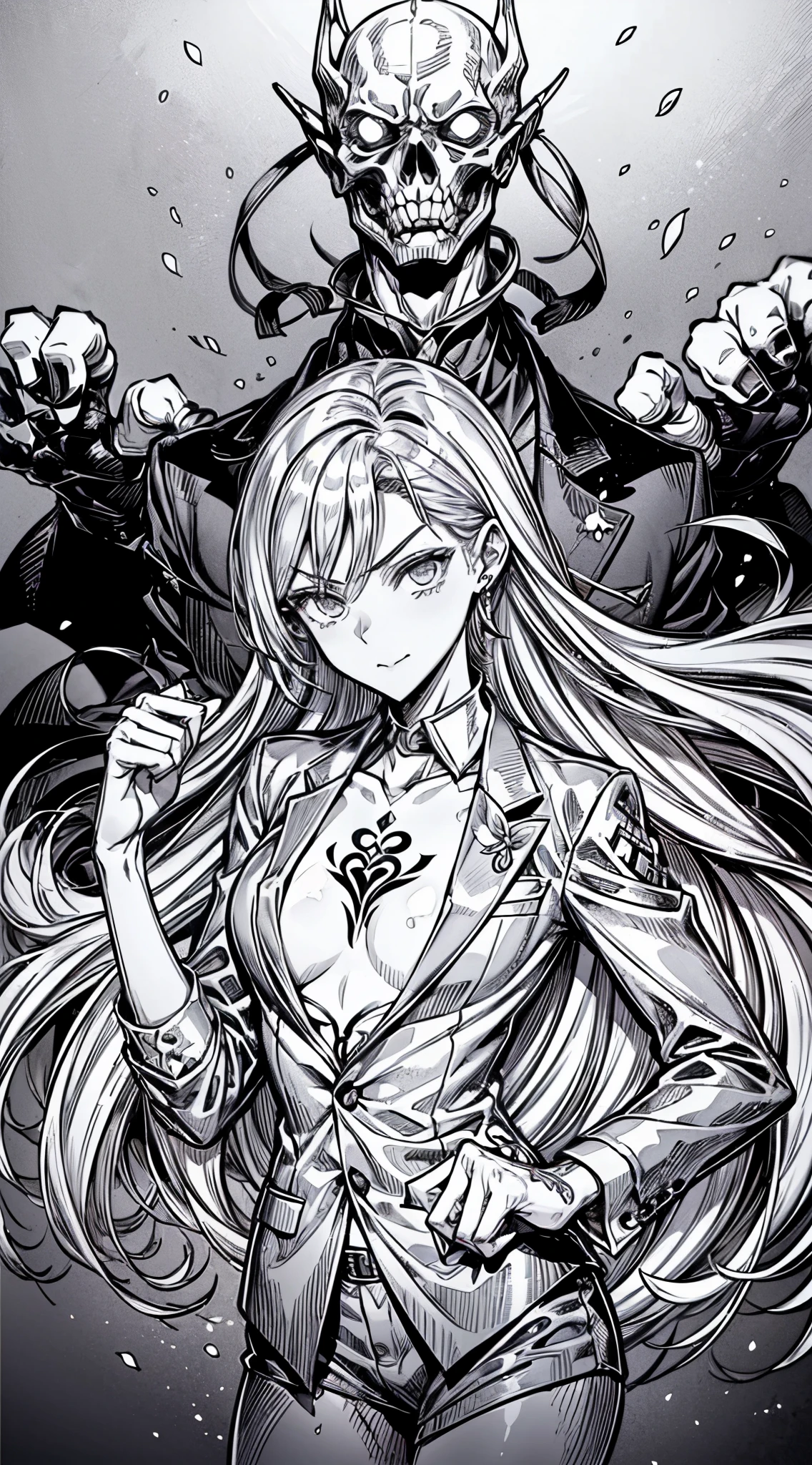 (1 sexy girl), ((Alone:1.6)), ((Mature woman, Long white hair, Very long hair)), ((pale-skinned:1.0)), Very handsome, Japanese yakuza, Italian gangsters, god father,(face expressionless:0.8), Anatomically correct, External, (dressed in a suit:1.5),(The chest has a V-shaped opening: 1.3), (Gang girls:0.6),Fighting posture,Fighting posture,(((Tomboyish:1.6))),((looking at viewert:1.5)),(Slender fingers,Clench your hands into fists:1.0),(), (Bigchest: 1.2), (tmasterpiece: 1.2), Gangster tattoos, (lamplight: 0.8), (Extremely accurate CG),(thin:1.3)