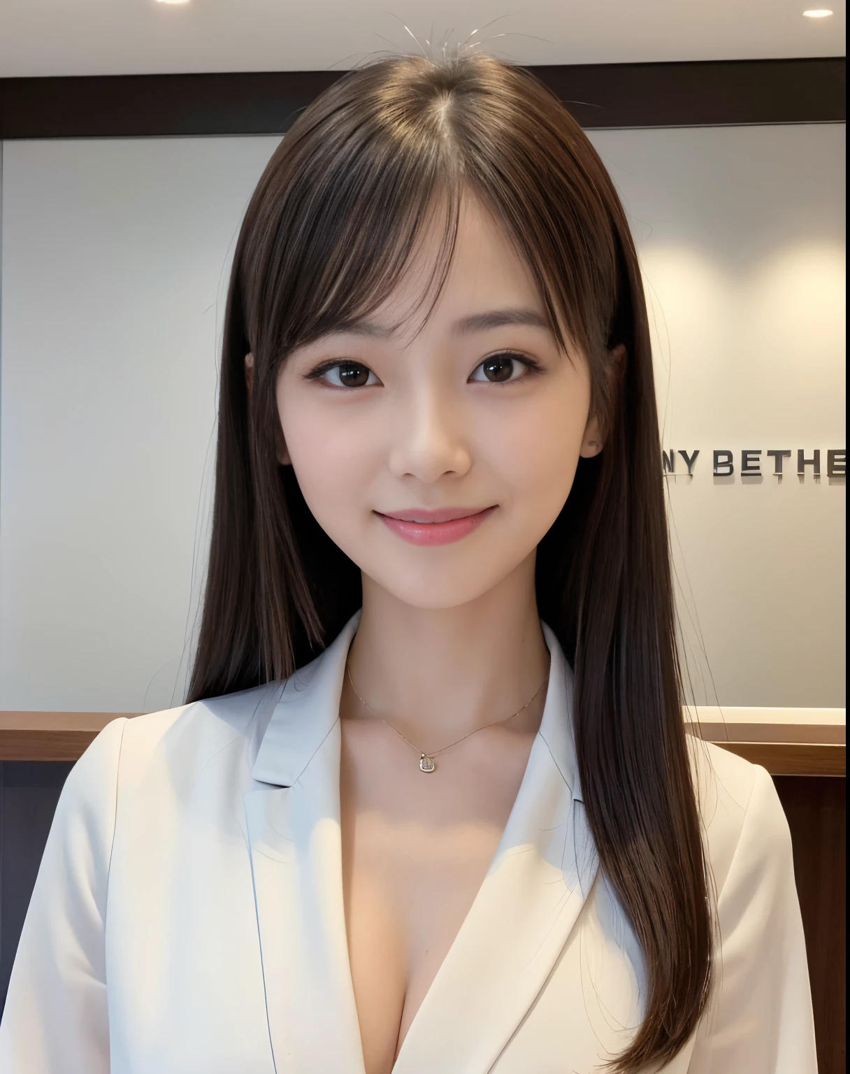masutepiece、hight resolution、Company Secretary、Beauty Secretary、Career Woman、22-year-old girl、1girl with、Looking at the camera、The background is the company reception、smil、Finish as shown in the photo、a beauty、the skin is white and beautiful、Hair should be tied back、