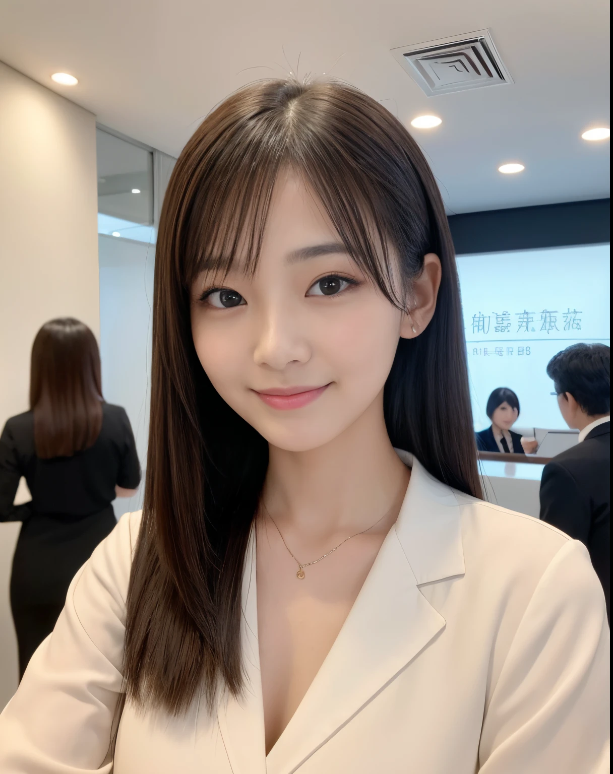 masutepiece、hight resolution、Company Secretary、Beauty Secretary、Career Woman、22-year-old girl、１girl with、Looking at the camera、The background is the company reception、smil、Finish as shown in the photo、a beauty、the skin is white and beautiful、Hair should be tied back、