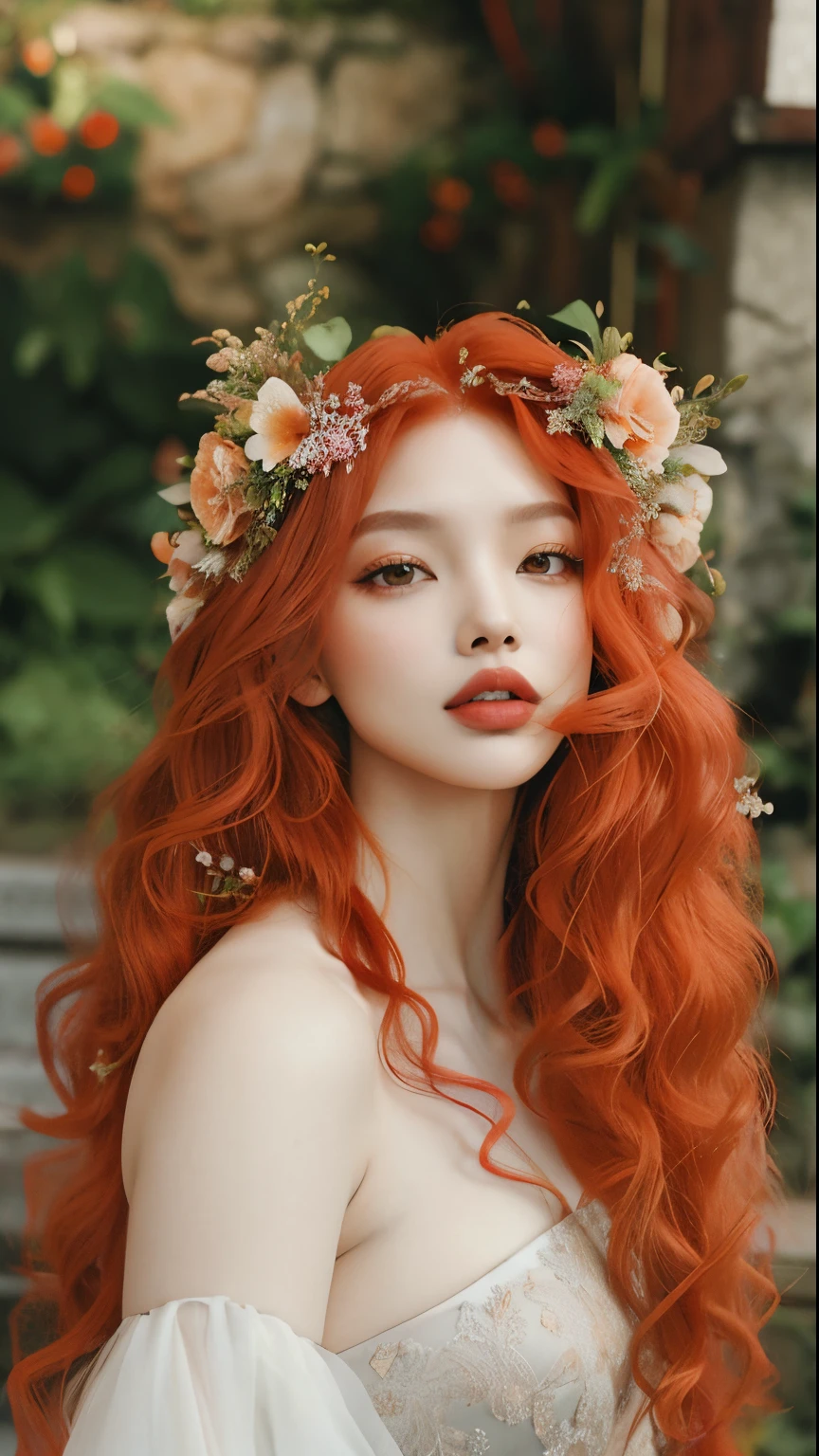 a woman with red hair and a flower crown on her head, Deusa dos cabelos ruivos, flowing ginger hair, cabelo de gengibre, cabelo de gengibre selvagem, mulher ruiva bonita, cabelos cacheados cor de cobre, gengibre cabelo ondulado, mulher ruiva, cabelos cacheados vermelhos, red head, com cabelos ruivos cacheados, cabelos ruivos cacheados, ethereal beauty, cabelo longo de gengibre, Redhead Girl, she is redhead, jennie kim, jennierubyjane, blackpink, jennie do Blackpink