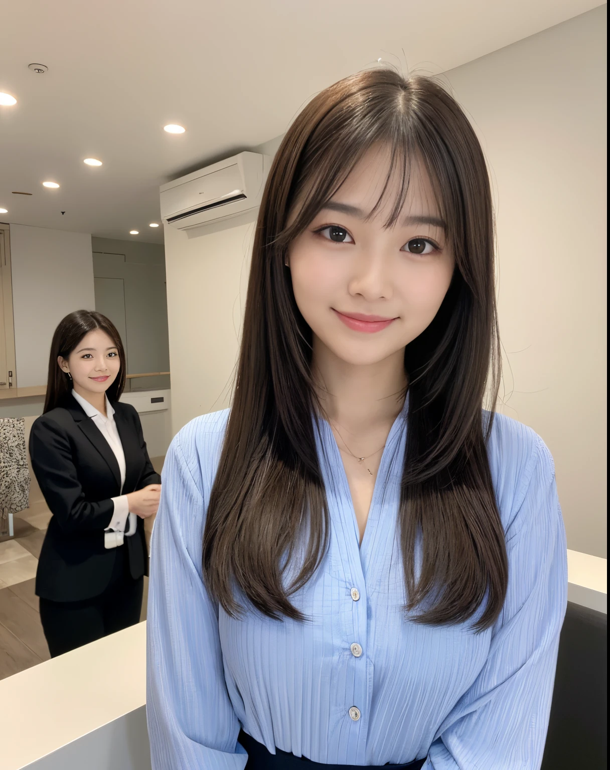 masutepiece、hight resolution、Company Secretary、Beauty Secretary、Career Woman、22-year-old girl、1girl with、Looking at the camera、The background is the company reception、smil、Finish as shown in the photo、a beauty、the skin is white and beautiful、Hair should be tied back、