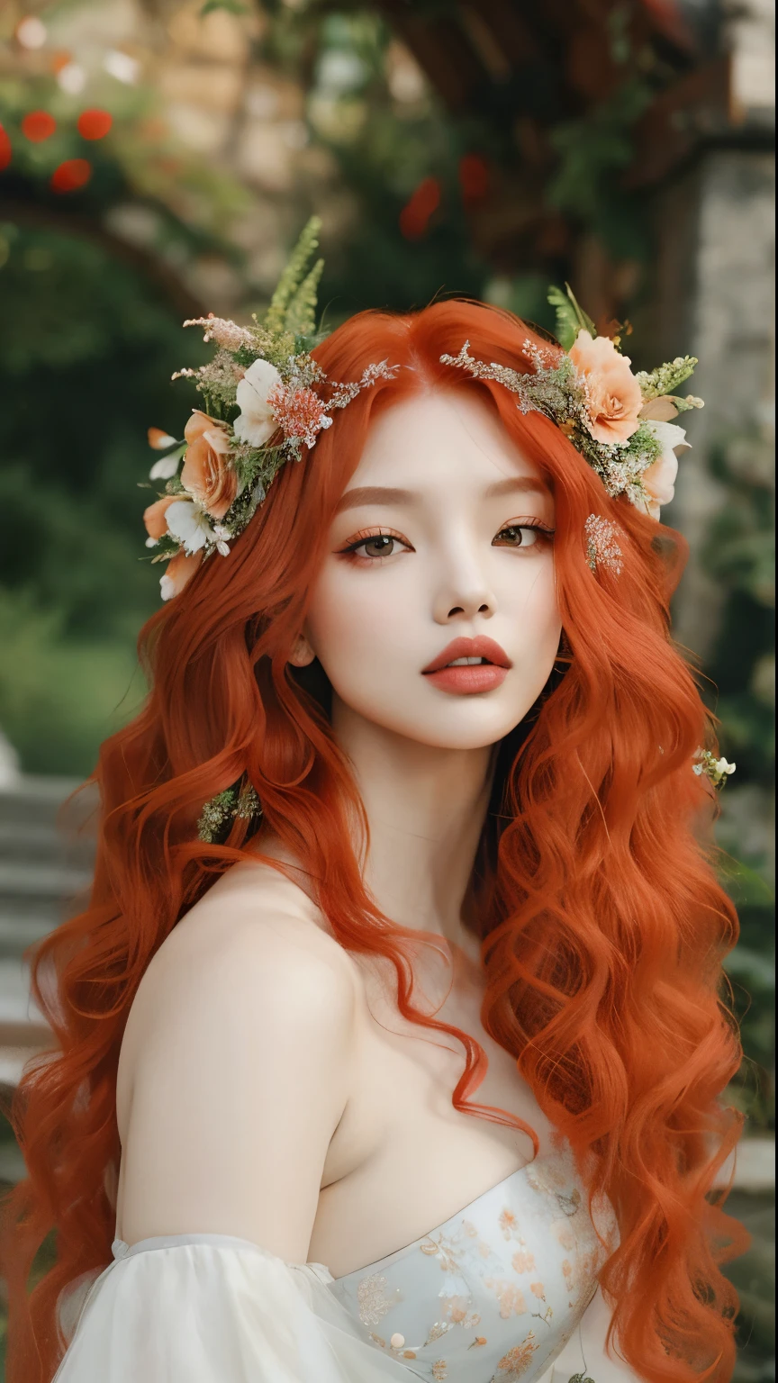 a woman with red hair and a flower crown on her head, Deusa dos cabelos ruivos, flowing ginger hair, cabelo de gengibre, cabelo de gengibre selvagem, mulher ruiva bonita, cabelos cacheados cor de cobre, gengibre cabelo ondulado, mulher ruiva, cabelos cacheados vermelhos, red head, com cabelos ruivos cacheados, cabelos ruivos cacheados, ethereal beauty, cabelo longo de gengibre, Redhead Girl, she is redhead, jennie kim, jennierubyjane, blackpink, jennie do Blackpink