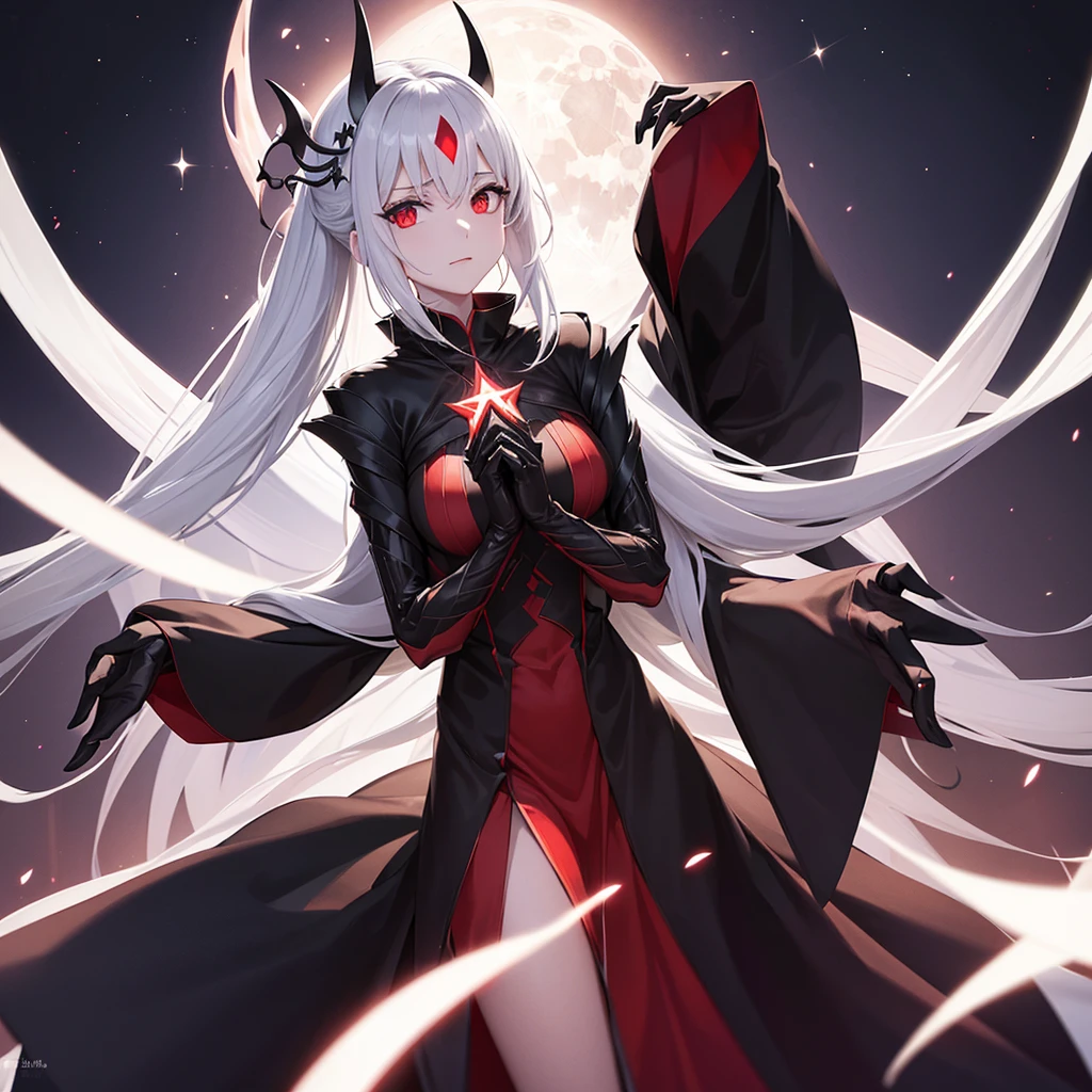 Woman, wearing black suit with white markings, On uer head, her white outlines resemble the symbol of a multi pointed star, verticals white lines on chest but horizontal on arms, wearing a glowing red cloak with ethereal red humanoid arms and hands extending from the red cloak, has a third red eye on his forehead resembling the moon, possesses 10 tails which end in humanoid hands
