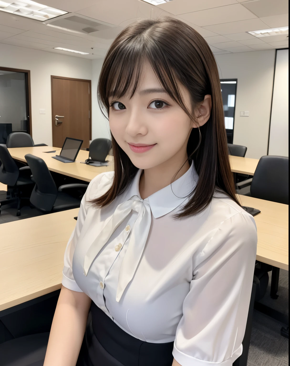masutepiece、hight resolution、Company Secretary、Beauty Secretary、Career Woman、22-year-old girl、1girl with、Looking at the camera、The background is a large office with a sophisticated design.、smil、Finish as shown in the photo、a beauty、the skin is white and beautiful、Hair should be tied back、