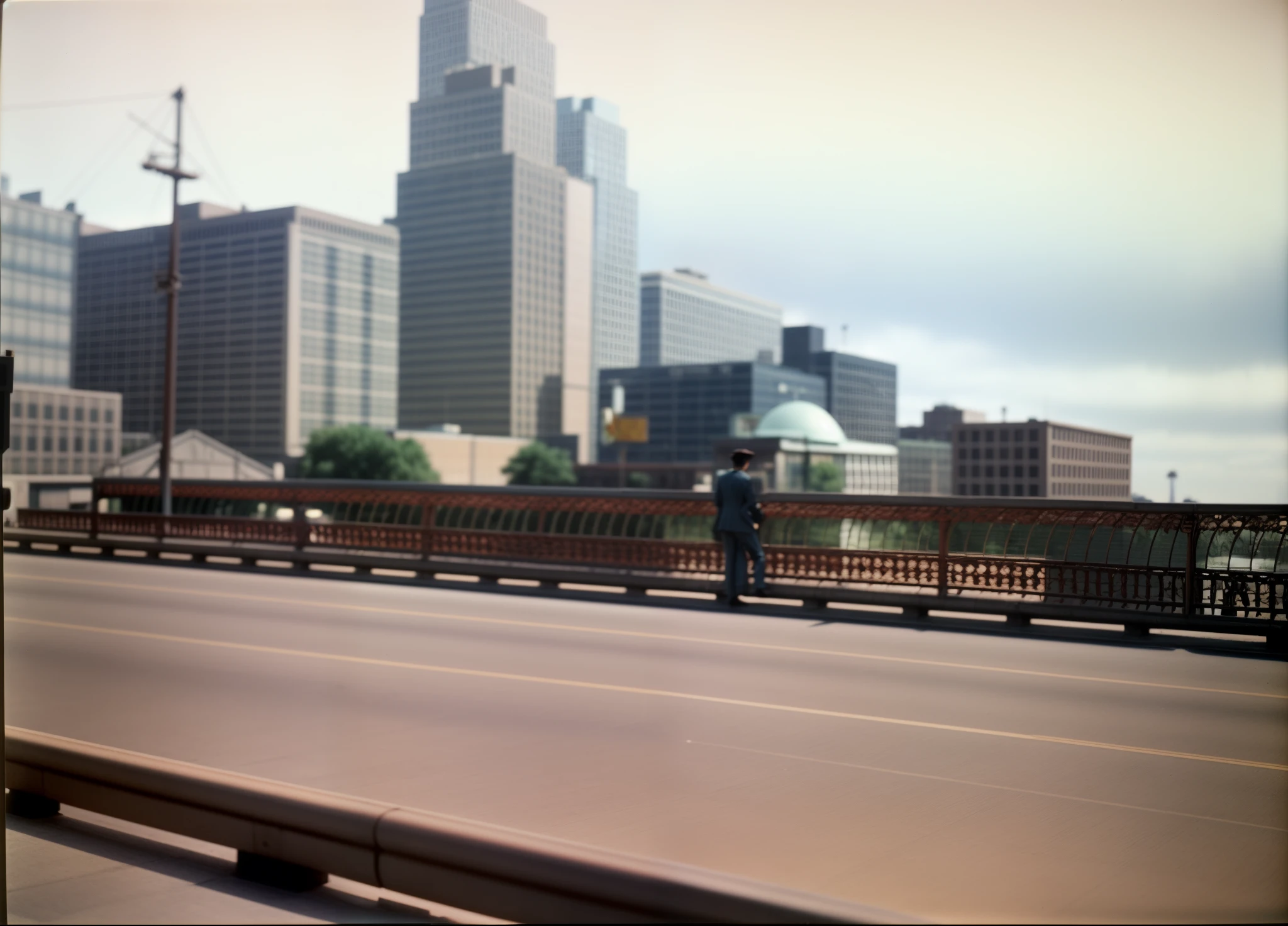 there is a man standing on a bridge looking at the city, 1960s color photograph, retro 1 9 7 0 s kodachrome, 1 9 7 0 colour photography, film photo from 1970s, cinestill 800t 10mm eastmancolor, color film photography 1970s