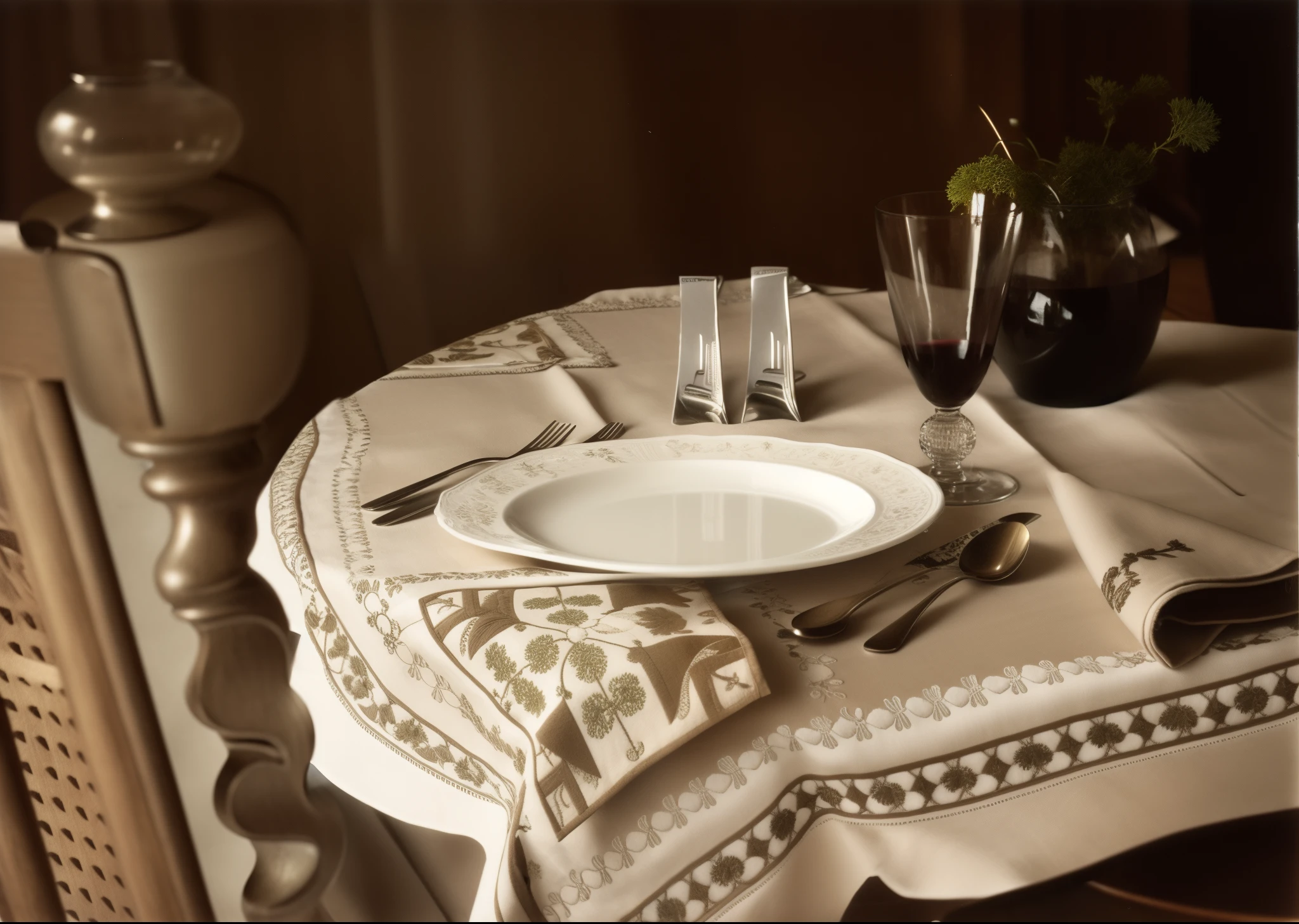 there is a plate with a spoon and a fork on a table, shot on leica sl2, fine dining, scene from a dinner party, taken with a pentax k1000, (fantasy), inspired by Méret Oppenheim, place setting, at a dinner table, alexandra fomina, dinner table, inspired by Georges de La Tour, moody setting