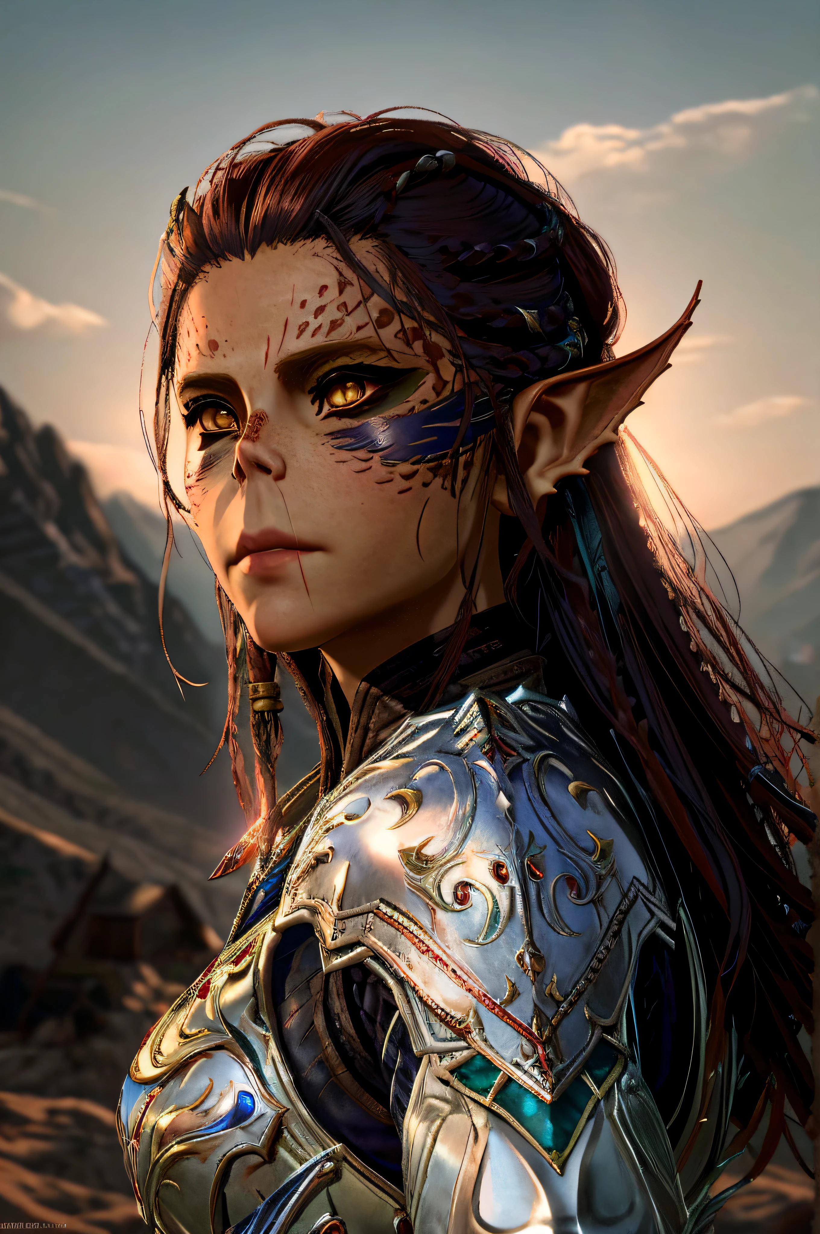 Lae&#39;zel de Baldur&#39;s Gate 3 em armadura com uma espada e uma montanha ao fundo, Elfo Feminino, Mulher meio elfa, de um elfo de anel elden, elven character with smirk, portrait of an elven warrior, Fantasia de detalhe 4K, metade orc metade elfo mulher, Um retrato de um elfo, female elfling, arte de fantasia hiperrealista, Retrato de um elfo