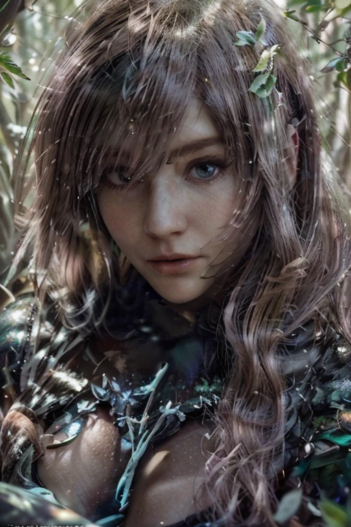 colores vibrantes、((obra maestra)))、(((highest qualityr)))、((Ultra-detallado))、(Un hiperrealista)、(CGhighly detailed illustration）、Arte Oficial、A fascinating image that captures the grace and magic of a female dryad in her enchanted forest.. The integration of a bark-like skin., pelo parecido a una enredadera, and the subtle glow of nature&#39;s magic creates a harmonious and ethereal character.. Vista completa, hi-res photo, mistic, sereno, intrincado, High detail, foco nítido, Dreamy, Arte de pintura fotorrealista inspirado en Todd Lockwood., Jana Schirmer, e Irene Strychalski