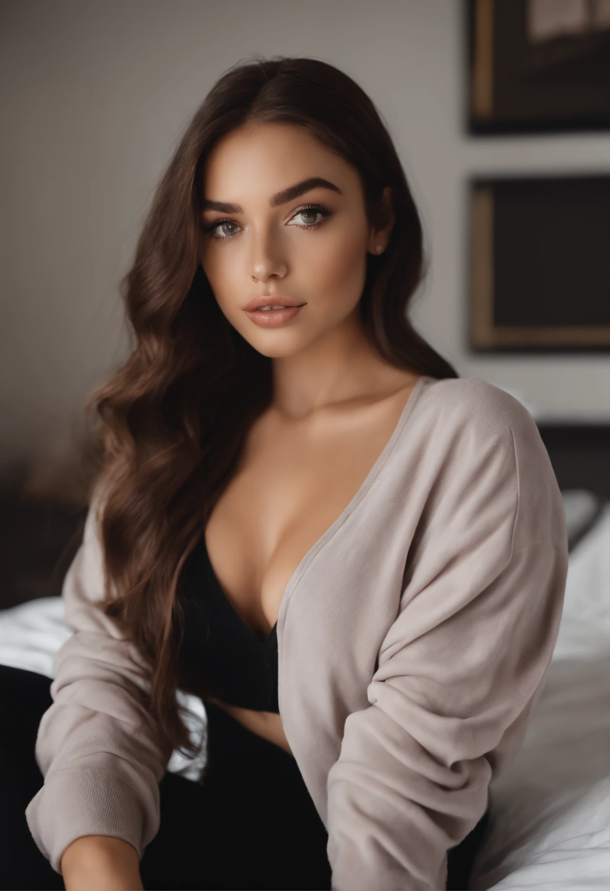 arafed woman with black clothes, sexy girl with brown eyes, portrait sophie mudd, brown hair and large eyes, selfie of a young woman, bedroom eyes, violet myers, without makeup, natural makeup, looking directly at the camera, face with artgram, subtle makeup, stunning full body shot, in bedroom, cleavage