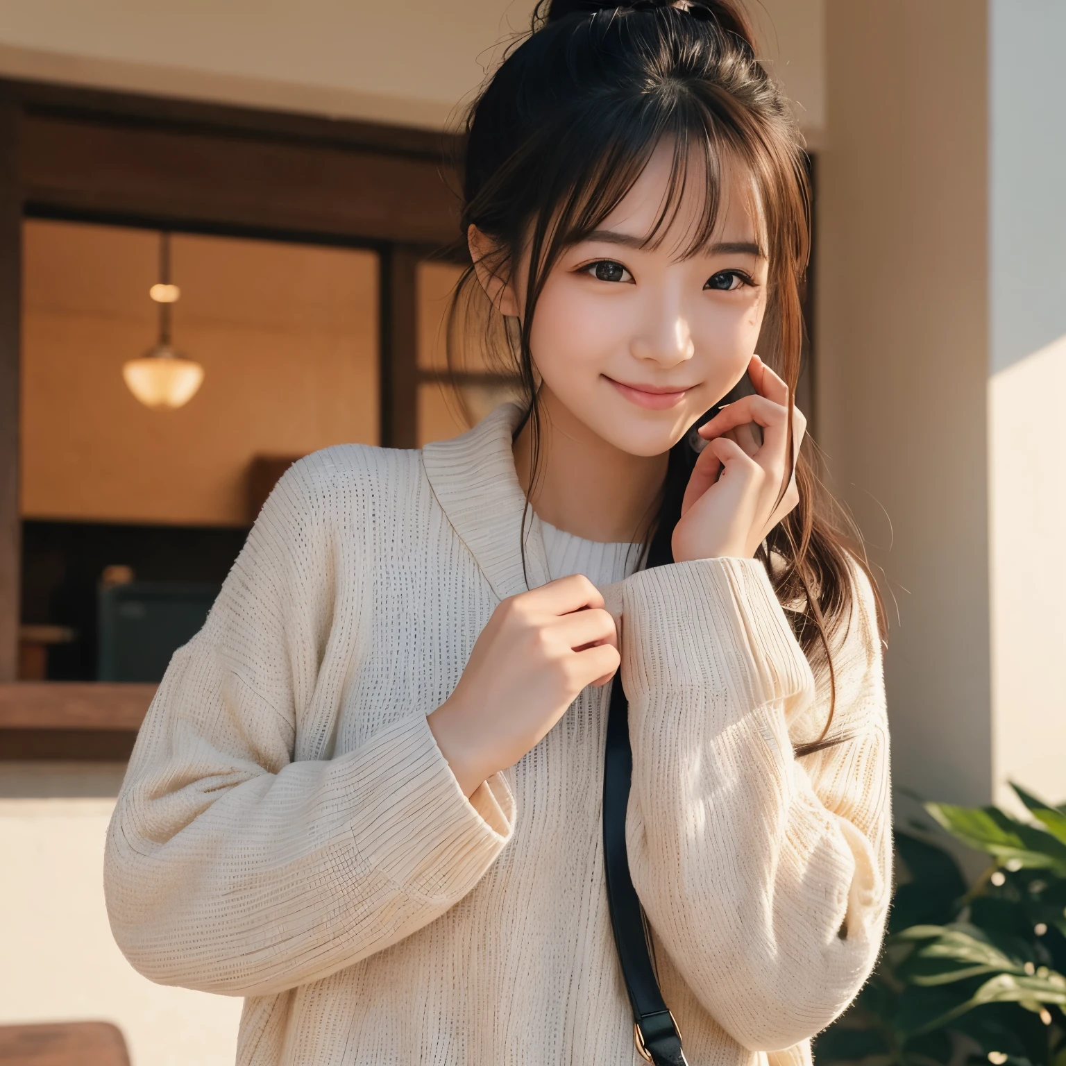 Japanese, woman, Room, winter, 23 years old, medium long hair, Chestnut color, No makeup, Selfie style, double eyelid, D cup, bust up photo, daytime