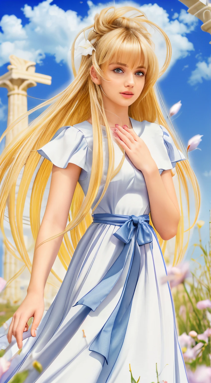 High-resolution, hyper-realistic. Masterpiece, full-body of beautiful woman about 20 years old. 1girl, greek, front view, slightly looking down, slightly side face, ((big narrowed eyes)), ((pretty beautiful face)), detailed face, delicate face, delicate nose, delicate lips, rose lips, ((perfect lips)), long blonde hair, straight hair, messy hair, ((bangs)), (loose hair)), hair blowing in the air, wearing a long white dress, ruffle collar on dress, lilac ribbon tied around the waist, ((perfect hands)), ((well done hands), ((well done fingers)), ((greek column, blue sky, grass with flowers background)). Cinematic light.