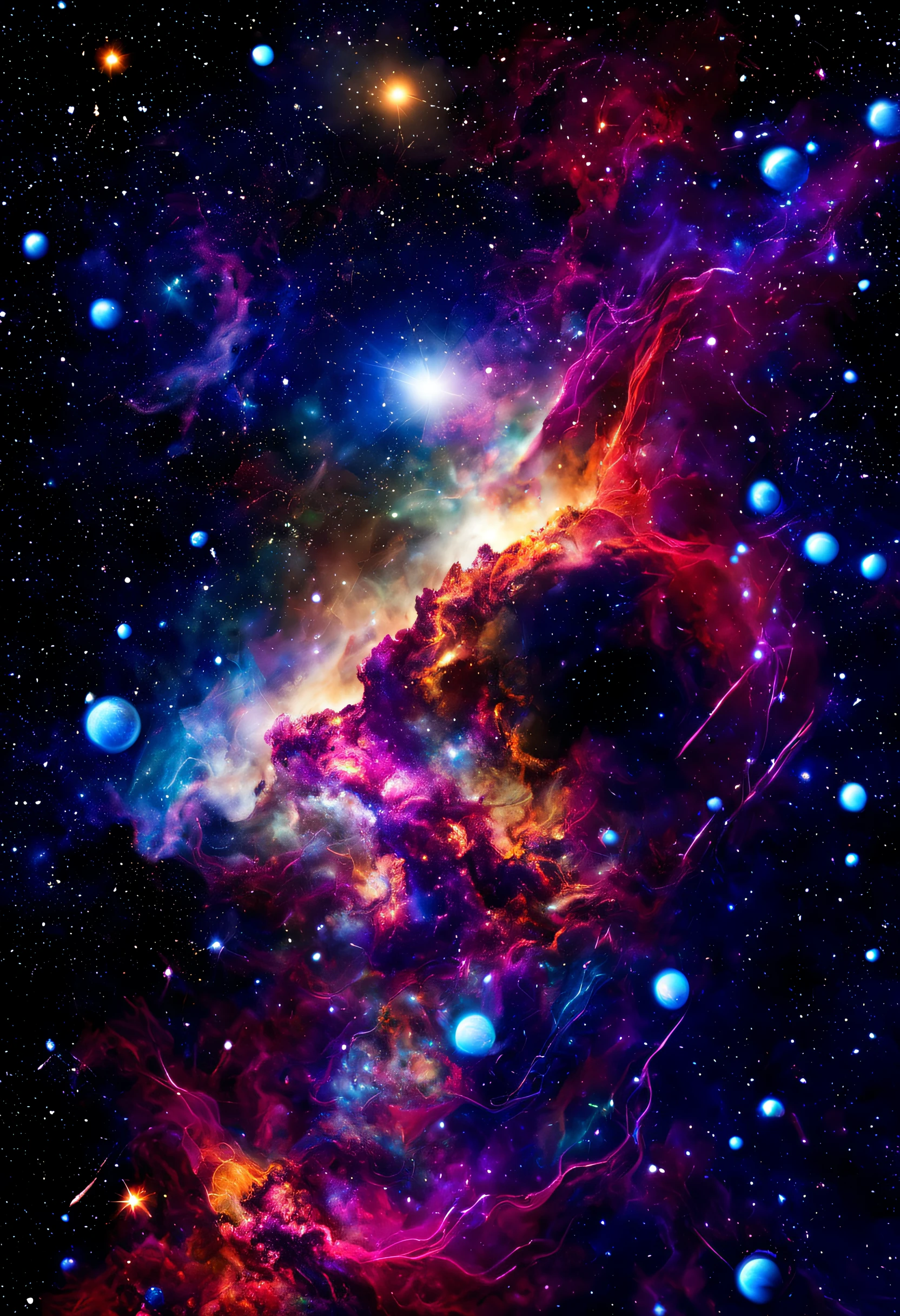 A beautiful, detailed, textured magnificent galaxy with dreaming clouds of stardust and a planet a little further away