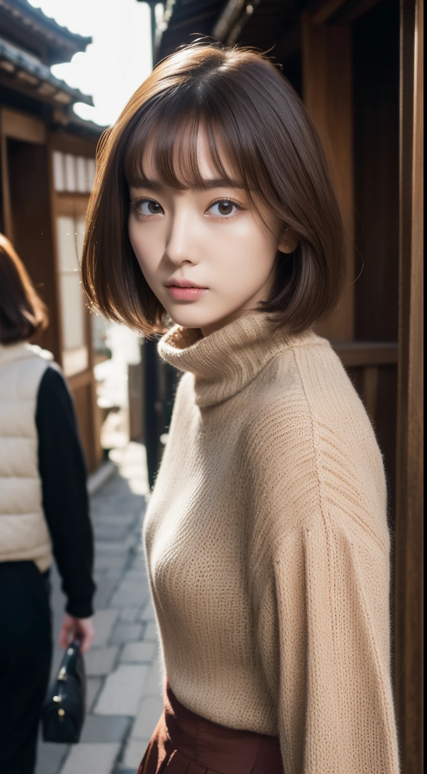 (Raw photography:1.2)、(Photorealsitic:1.4)、(​masterpiece:1.3)、(top-quality:1.4)、超A high resolution、(A detailed eye)、(detailed facial features)、(detailed clothes features)、8K分辨率、solofocus、bangss、Double eyelids、Beautiful lips、toned legs、(Slender girl)、(a japanese girl)、(Japan Faces)、((Bery short hair:1.2))、1 girl in、Slim Beauty:1.3、brown haired、Delicate hair、Streets of Kyoto、Kiyomizu-dera Temple、Detailed street fashion、Knitted with a loose turtleneck、flered skirt、Looking at the camera