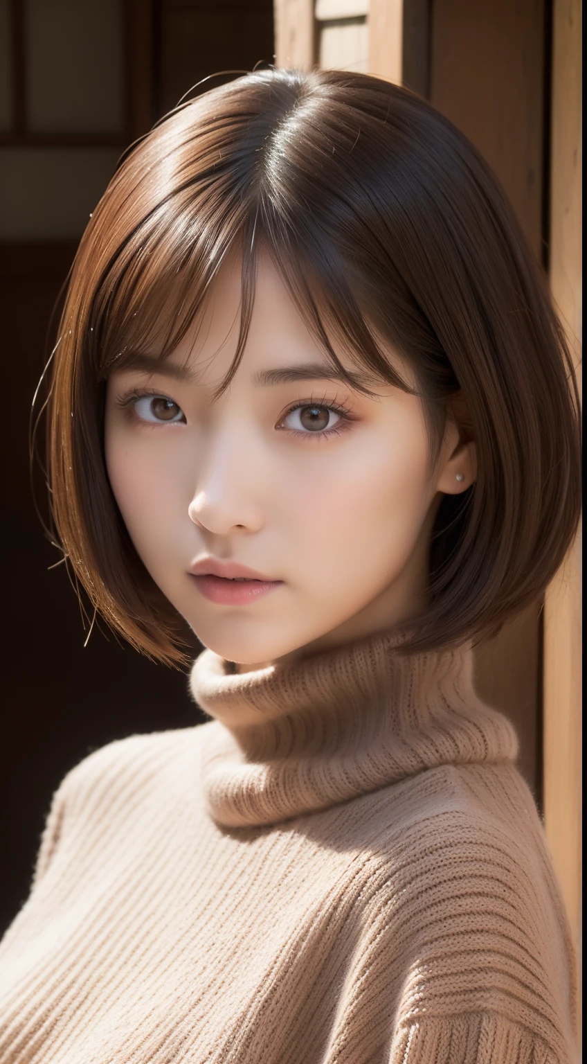 (Raw photography:1.2)、(Photorealsitic:1.4)、(masterpiece:1.3)、(top-quality:1.4)、超A high resolution、(A detailed eye)、(detailed facial features)、(detailed clothes features)、8K分辨率、solofocus、bangss、Double eyelids、Beautiful lips、toned legs、(Slender girl)、(a japanese girl)、(Japan Faces)、((Bery short hair:1.2))、1 girl in、Slim Beauty:1.3、brown haired、Delicate hair、Streets of Kyoto、Kiyomizu-dera Temple、Detailed street fashion、Knitted with a loose turtleneck、flered skirt、Looking at the camera