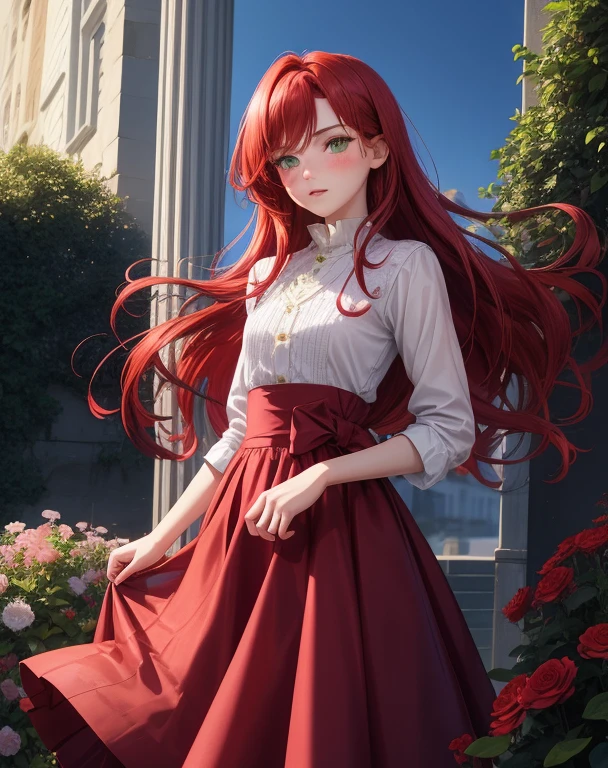 1girl, ((red hair)), ((green eyes)), glowing eyes, beautiful dress, skirt, parted lips, blush, night, flowers, sun, sunlight, modest long skirt, medium length hair, warm colors, portrait, wavy hair, small breasts, modest feminine clothes, watercolor, sketch