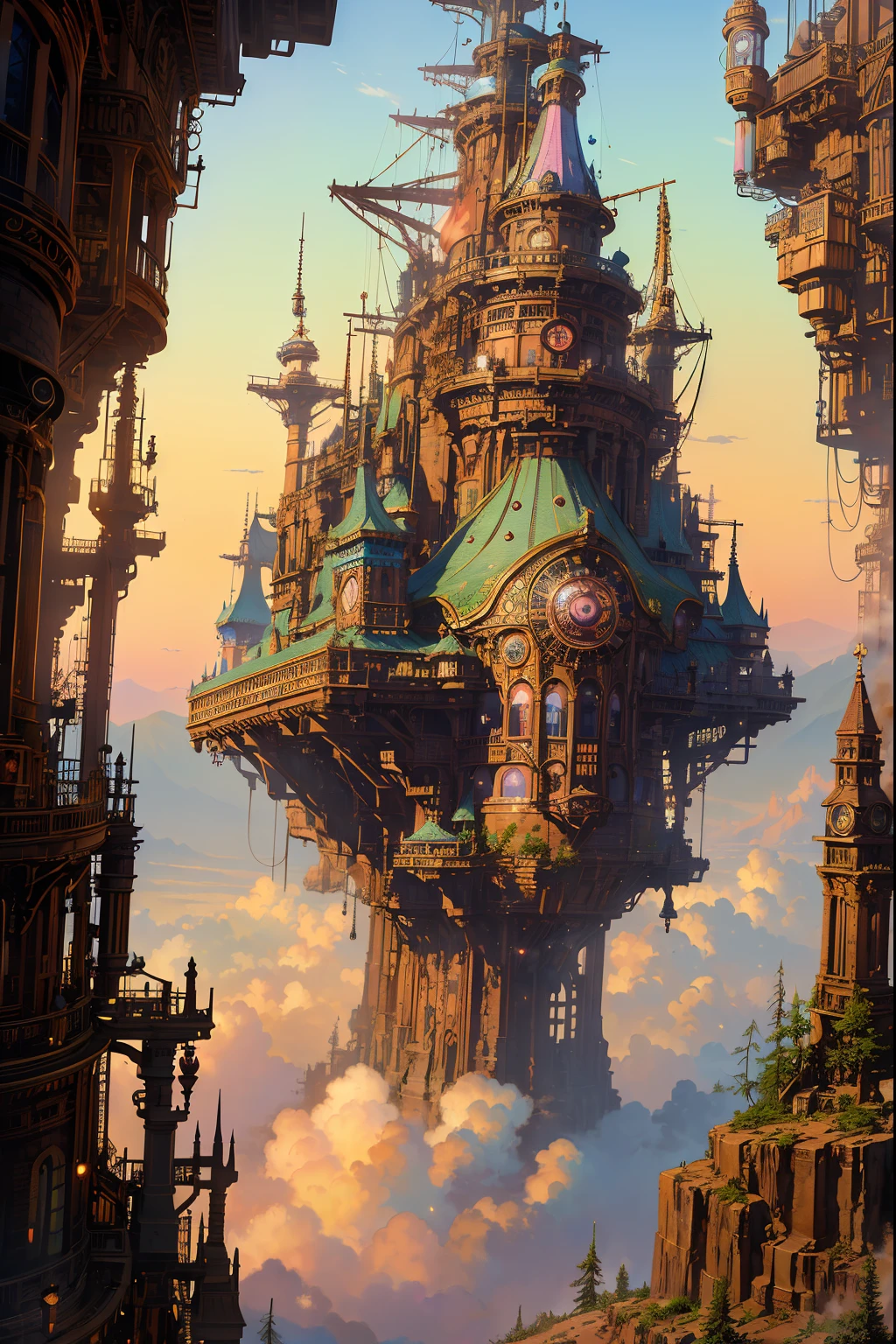 ((Magnificent and ultimate background picture)), Sense of depth, ((Steampunk)), Gothic, (Vivid colors), (3-dimensional multilayered structure with so many steampunk machines that you can't even see the sky) Steampunk Adventure Cityscape)), (Steampunk Gear Decoration: 1.4), (Epic: 1.3), (Best Steampunk Adventure Stage: 1.3), ((Steampunk Airship)), Super High Rise , (full page Victorian-like buildings: 1.4), (steam), (smog), (nohumans: 1.5) break, (Masterpiece: 1.4), Super Resolution, ((Insanely Detailed)), (Extremely Colorful Pastel Art on All Screens: 1.3), Old Punk Like