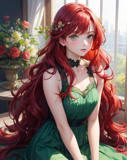 1girl, ((red hair)), ((green eyes)), glowing eyes, beautiful gown dress, parted lips, blush, flowers, warm colors, wavy hair, small breasts, modest feminine clothes, watercolor, sketch