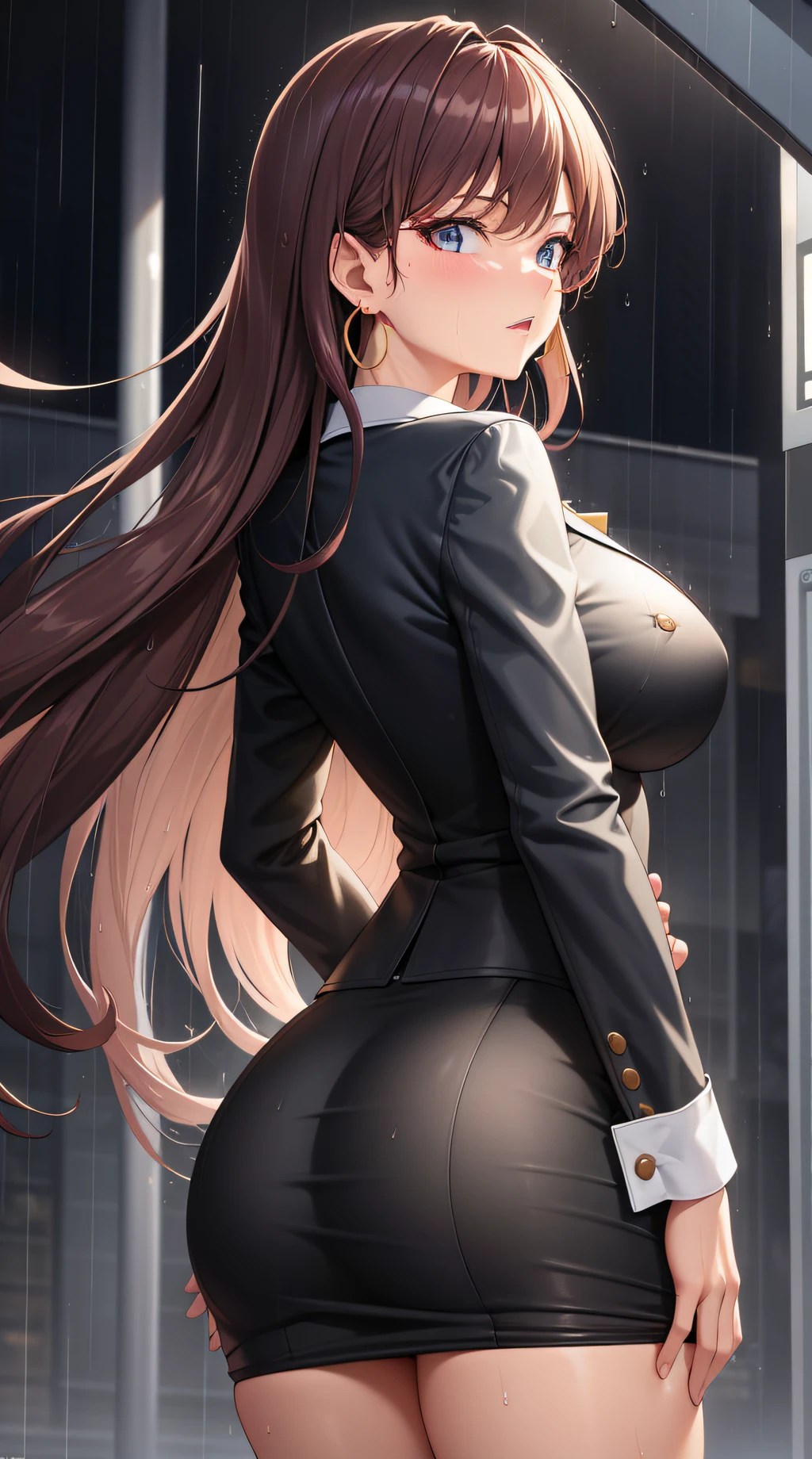 (best quality:1.5, highres, UHD, 4K, detailed lighting, shaders), brown haired, gradient hair, large breasts, suit, gray shirt, social shirt, short skirt, mature woman , (pov), white background, colorful eyeshadow, dramatic lighting, sparkling eyes, sensual expression, golden earrings, flowing hair, delicate facial features, dark skin, high cheekbones, raining, urban setting, white background, dont look for the camera, lean forward, view from behind, wet  by the rain.