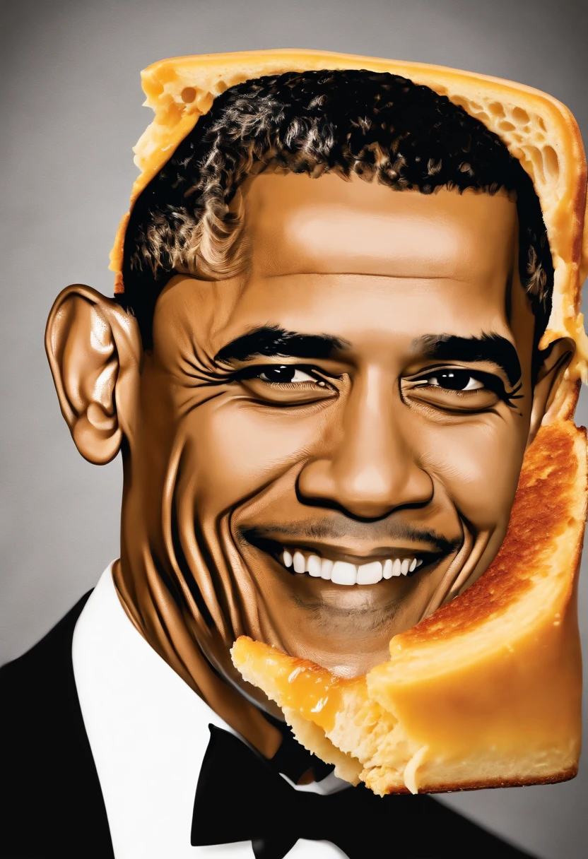A photo of Obama, made entirely of grilled cheese, hosting a cheesy brunch at the White House.,original,Obama’s face on grilled cheese sandwich , male