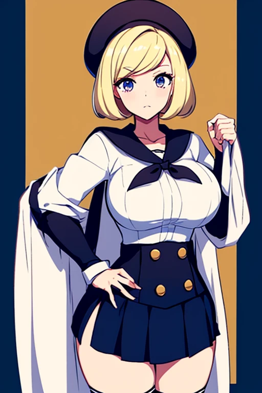 (((a sailor suit)))、tucking up the skirt、shame、Dye cheeks、Black stockings、((My pants dig into my crotch))、(Multiple figures around)、underpants、buttock、big breasts、Blonde hair、Shorthair、hitomi(brown)、