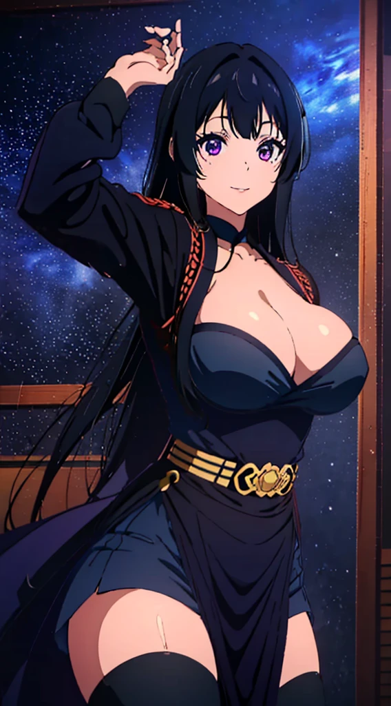 masutepiece、Best Quality、Illustration、 ultra-detailliert、hight resolution、8K Wallpapers、Perfect dynamic composition,、Beautiful detailed eyes long Hair、A dark-haired、(Beautiful Large Breasts:1.3)、Natural Color Lip、Smile、Harajuku、19 years girl、Cute、Beautiful sister、 shot looking at camera、night skyscraper Very long bangs of black with a tinge of navy with galaxy purple eyes and a navy kaizen jujutsu uniform with a katana sheathed on her waist. 8k 4k