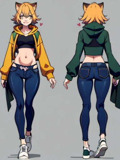 Yellow hair, Yellowish orange fur, long loose green hoodie, brown pants, female, (neco arc), (cat), :3 face, wide hips, hourglass figure, cameltoe, small perky breasts, nipple outlines, bare hips, pants fly down, legs apart, looking at viewer sheepishly, red blush, embarrassed smile, blue womb tattoo on underbelly, crotch leaking, pregnant, hearts coming from stomach, stomach blush, refrence sheet, turnaround views,