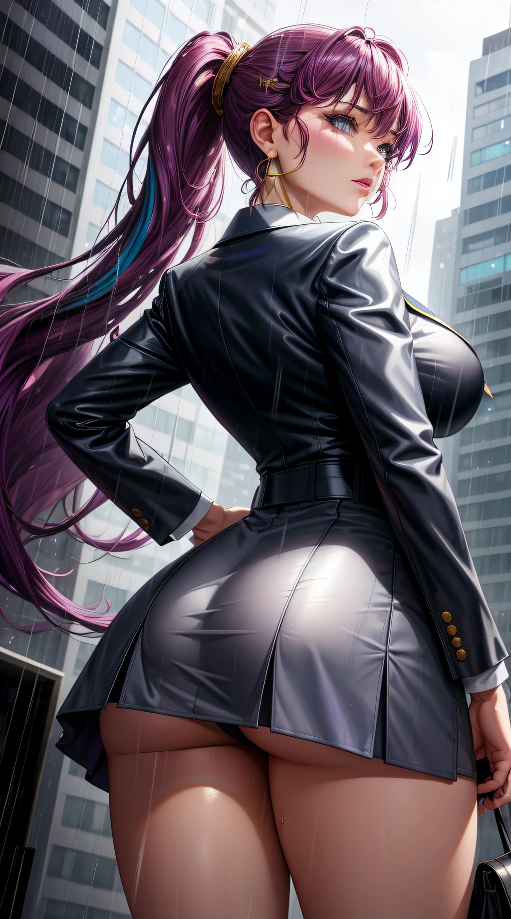 (best quality:1.5, highres, UHD, 4K, detailed lighting, shaders), purple floral haired, gradient hair, large breasts, suit, gray shirt, social shirt, short skirt, mature woman , (pov), white background, colorful eyeshadow, dramatic lighting, sparkling eyes, sensual expression, golden earrings, flowing hair, delicate facial features, dark skin, high cheekbones, urban setting, white background, dont look for the camera, lean forward, view from behind , wet by rain raining.