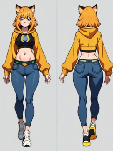 Yellow hair, Yellowish orange fur, long loose green hoodie, brown pants, female, (neco arc), (cat), :3 face, wide hips, hourglass figure, cameltoe, small perky breasts, nipple outlines, bare hips, pants fly down, legs apart, looking at viewer sheepishly, red blush, embarrassed smile, blue womb tattoo on underbelly, crotch leaking, pregnant, hearts coming from stomach, stomach blush, refrence sheet, turnaround views,