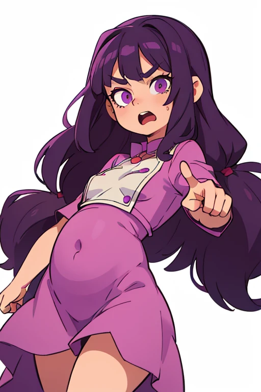 ((beste-Qualit, tmasterpiece)),
a 1girl, long fluffy hair, Large purple cholka, violet eyes, stands on a white background, shouts, looking ahead;, points with a finger, baby bump, pointing at stomach