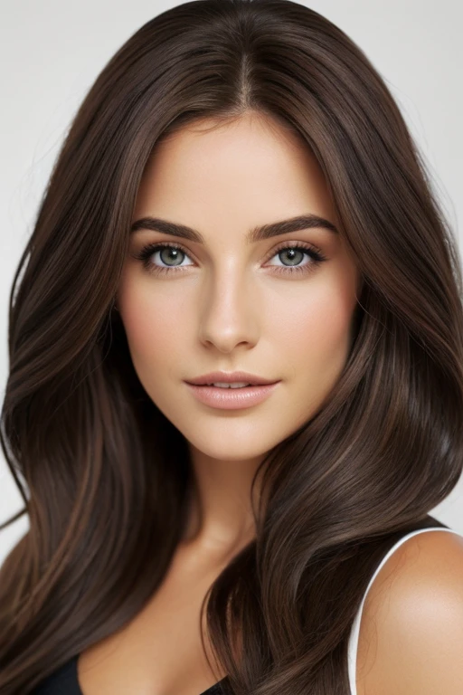 1Mulher, (realista:1), brown hair, Cabelos compridos, olhos negros, Feliz