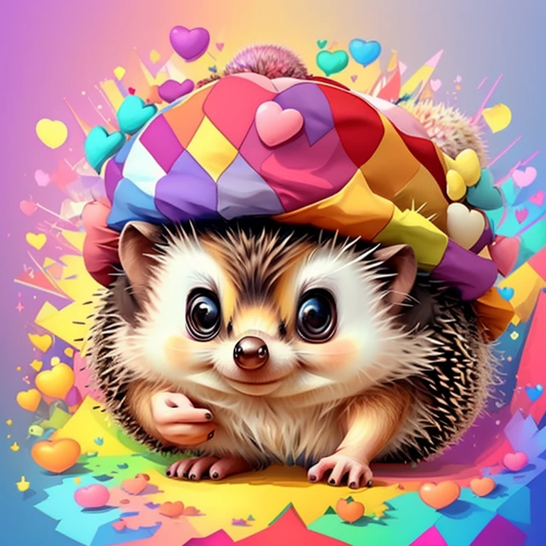 (cute baby hedgehog with hat and lots of hearts),(melhor pose),(best angle), (better expression), Eduardo Kobra acolchoamento ,multidimensional geometric wall PORTRAIT, arte, Chibi,
Yang08k, lindo, Colouring,
Primary works, qualidade superior, melhor qualidade, Arte Oficial, Beautiful and Aesthetic, pelos coloridos,