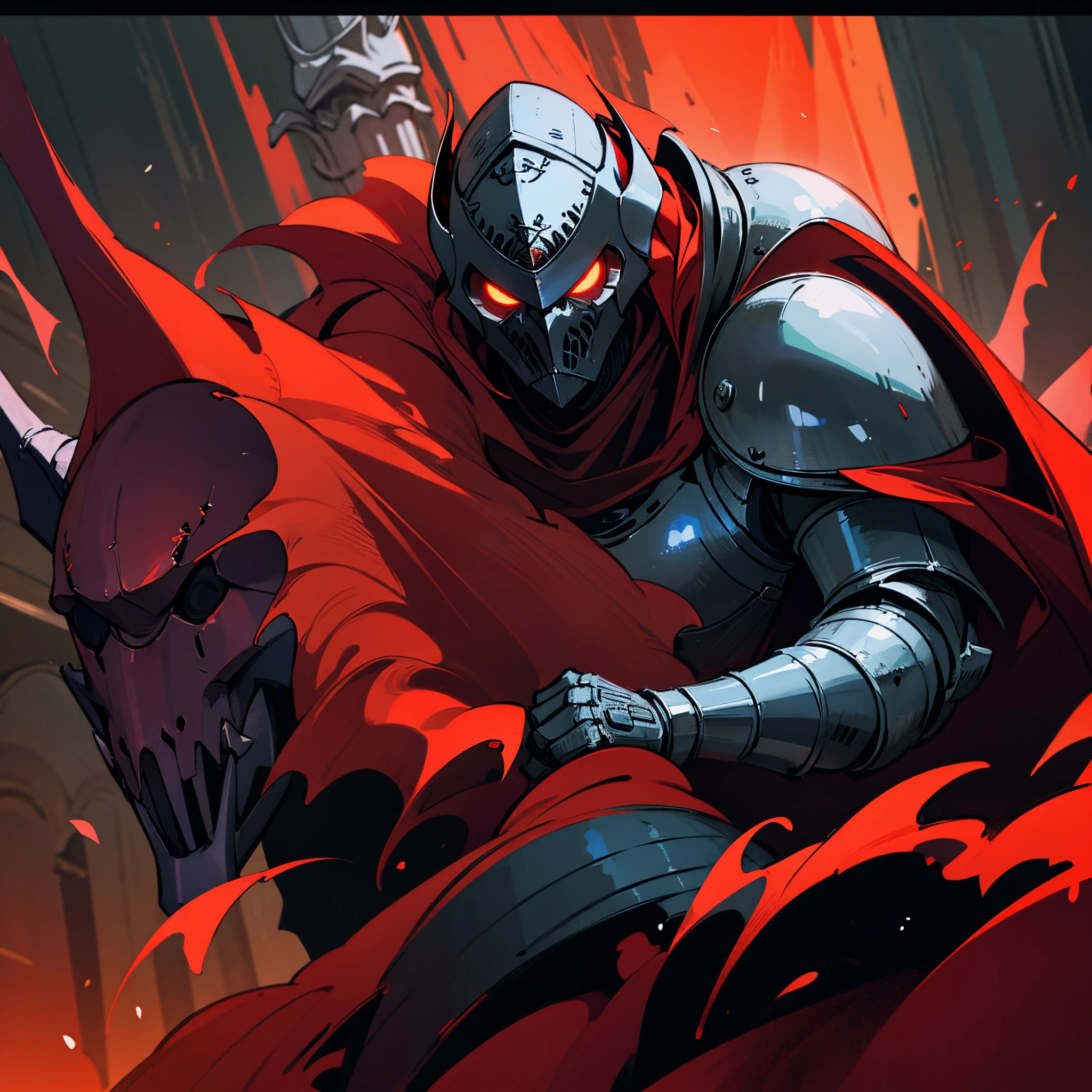 ((only)) a dark knight, using a old knight armour, red glowing eyes, and a dark presence, using a knight helmet, using a red cape, fight panel