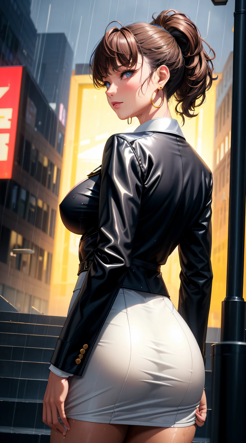 (best quality:1.5, highres, UHD, 4K, detailed lighting, shaders), brown haired, gradient hair, large breasts, suit, gray shirt, social shirt, short skirt, mature woman , (pov), white background, colorful eyeshadow, dramatic lighting, sparkling eyes, sensual expression, golden earrings, flowing hair, delicate facial features, dark skin, high cheekbones, raining, urban setting, white background, dont look for the camera, lean forward, view from behind, wet by the rain.