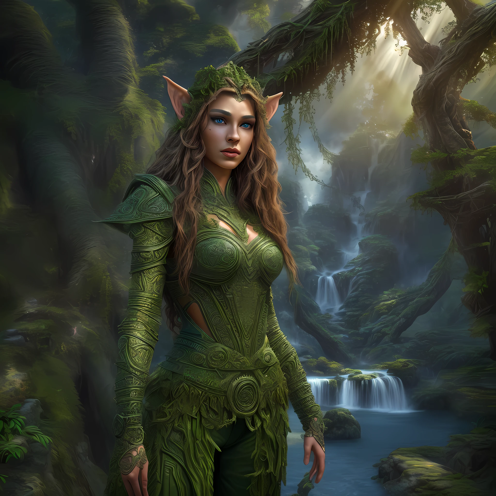 high details, best quality, 16k, [ultra detailed], masterpiece, best quality, (extremely detailed), gl0w1ngR, dynamic angle, ultra wide shot, RAW, photorealistic, fantasy art, realistic art, a female elf druid  (intricate details, Masterpiece, best quality: 1.5) in a jungle, a female elf wearing leather clothes  intricate details, Masterpiece, best quality: 1.4), leather boots, thick hair, long hair, brown hair, intense blue eyes, vibrant jungle (intense details), plenty of plant life, vines coming from trees,  many jungle trees (1.3 intricate details, Masterpiece, best quality), vines, a river flowing, sun light, dynamic light. dynamic angle, (intricate details, Masterpiece, best quality: 1.5) 3D rendering, high details, best quality, highres, ultra wide angle