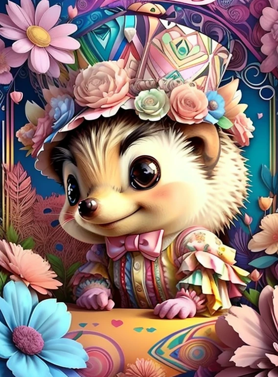 (cute baby hedgehog with pink top hat and flowers),(melhor pose),(best angle), (better expression), Eduardo Kobra acolchoamento ,multidimensional geometric wall PORTRAIT, arte, Chibi,
Yang08k, lindo, Colouring,
Primary works, qualidade superior, melhor qualidade, Arte Oficial, Beautiful and Aesthetic, pelos coloridos,