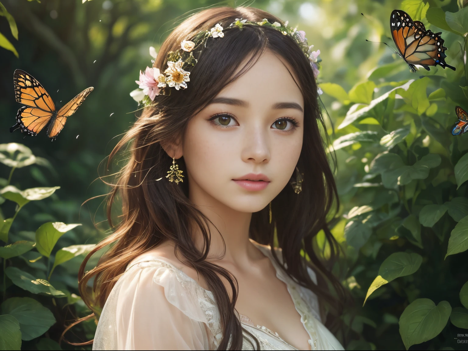 (best quality,4k,8k,highres,masterpiece:1.2),ultra-detailed,realistic,portrait,painting,beautiful detailed eyes,beautiful detailed lips,whimsical girl with flowers in her hair,peaceful expression,green plants surrounding her,captivating gaze,soft and natural lighting,vibrant colors,ethereal atmosphere,unique art style,subtle brushstrokes,magical ambiance,adorable freckles,flowing dress,butterflies fluttering around her,fantasy setting,harmonious composition,impressive attention to detail,lush garden backdrop,warm and inviting color palette,dreamy and serene,artistic brilliance,surreal elements,storytelling through imagery,eye-catching centerpiece,imagination brought to life,emotional connection with the viewer,embracing nature's beauty,captivating and awe-inspiring,mesmerizing artwork