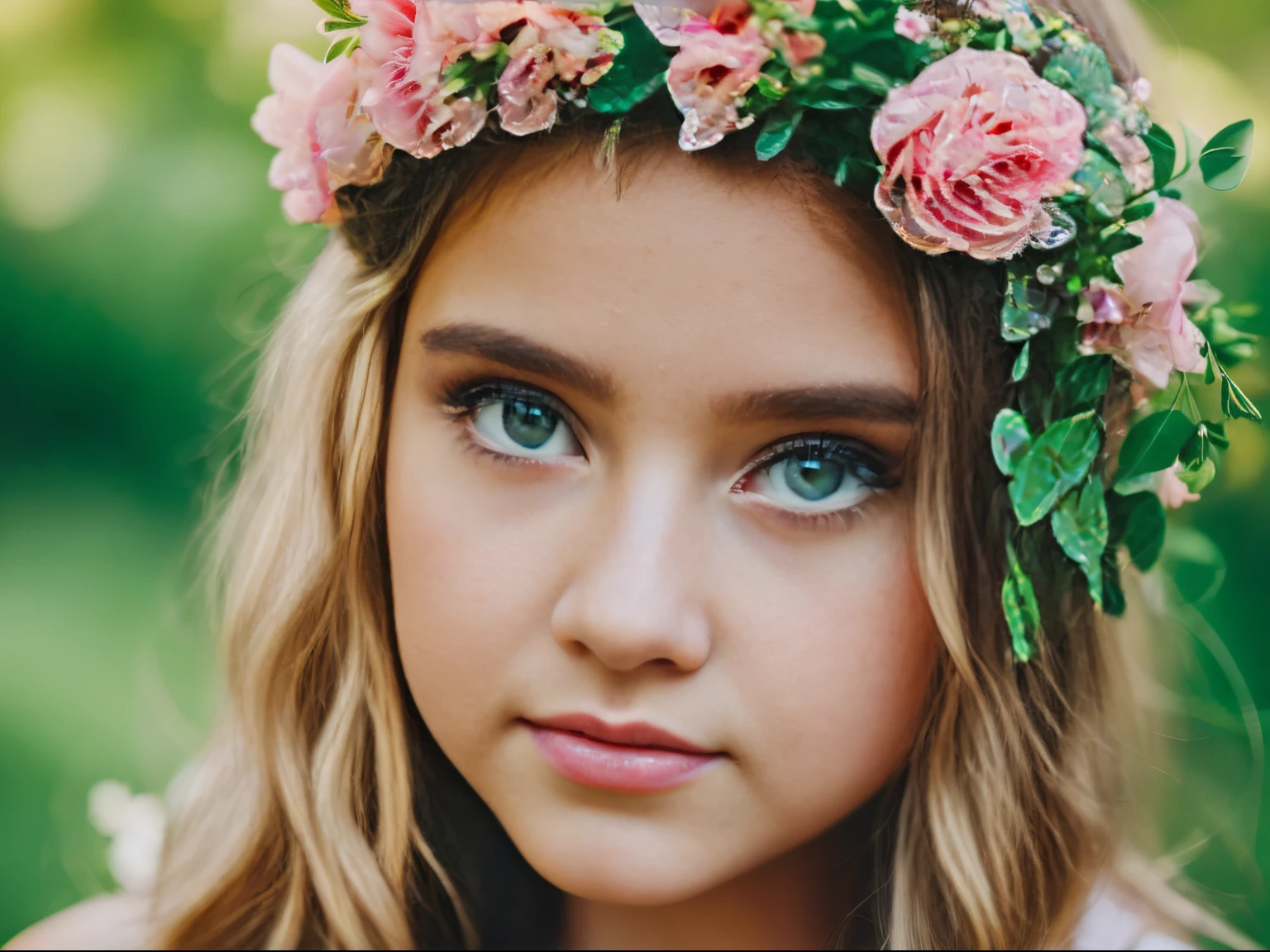 (girl,flowers,plants,nature:1.2),floral crown,beautiful detailed eyes,beautiful detailed lips,greenery all around,soft sunlight,bokeh,portrait,botanical,watercolor,pastel colors,vibrant,dreamy,ethereal:1.1