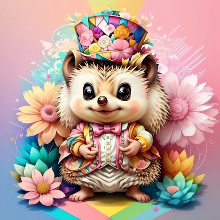 (cute hedgehog with pink top hat and flowers),(melhor pose),(best angle), (better expression), Eduardo Kobra acolchoamento ,multidimensional geometric wall PORTRAIT, arte, Chibi,
Yang08k, lindo, Colouring,
Primary works, qualidade superior, melhor qualidade, Arte Oficial, Beautiful and Aesthetic, pelos coloridos,