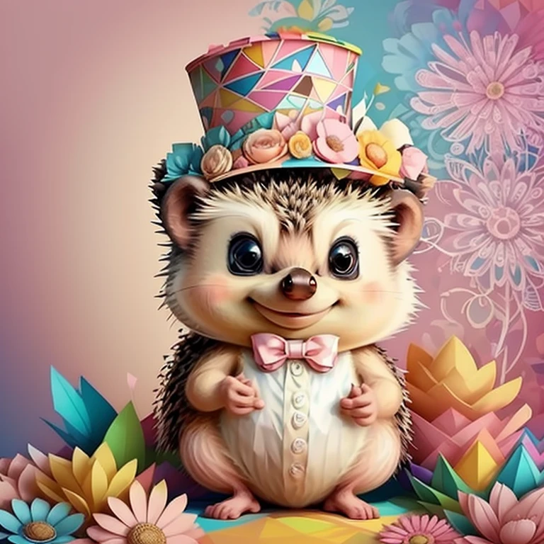 (cute baby hedgehog with pink top hat and flowers),(melhor pose),(best angle), (better expression), Eduardo Kobra acolchoamento ,multidimensional geometric wall PORTRAIT, arte, Chibi,
Yang08k, lindo, Colouring,
Primary works, qualidade superior, melhor qualidade, Arte Oficial, Beautiful and Aesthetic, pelos coloridos,