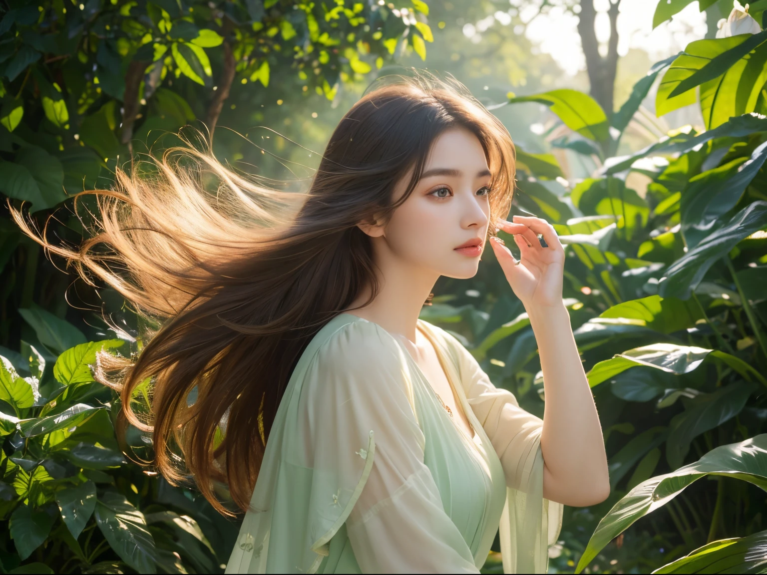(best quality,4k,8k,highres,masterpiece:1.2),ultra-detailed,(realistic,photorealistic,photo-realistic:1.37),beautiful detailed eyes,beautiful detailed lips,extremely detailed eyes and face,long eyelashes,1girl,a girl in a garden,girl surrounded by lush green plants,girl wearing a flowing green dress,soft sunlight filtering through the leaves,gentle breeze tousling her hair,natural,organic,botanical,floral,impressionistic,vibrant colors,soft pastel tones,harmonious color palette,golden hour lighting,magical atmosphere,dreamy,peaceful,serene.