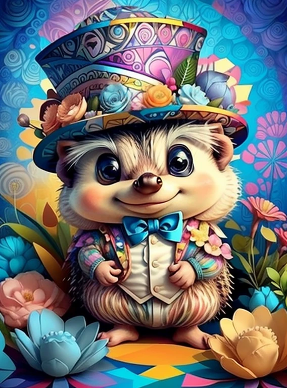 (cute baby hedgehog with blue top hat and flowers),(melhor pose),(best angle), (better expression), Eduardo Kobra acolchoamento ,multidimensional geometric wall PORTRAIT, arte, Chibi,
Yang08k, lindo, Colouring,
Primary works, qualidade superior, melhor qualidade, Arte Oficial, Beautiful and Aesthetic, pelos coloridos,