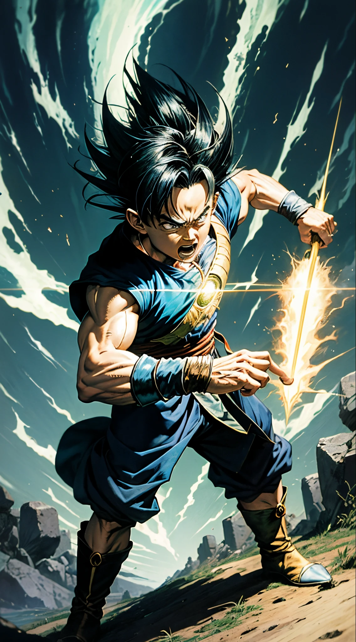 Gohan lanzando un kamehameha con todo la fuerza